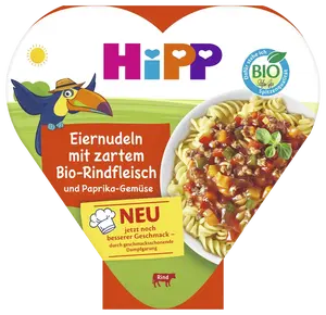 HIPP BIO příkrm Vaječné nudle se zeleninou a paprikou a jemným hovězím masem 250 g