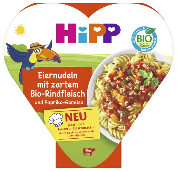 HIPP BIO příkrm Vaječné nudle se zeleninou a paprikou a jemným hovězím masem 250 g