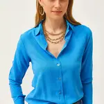 Olalook Women's Leopard Blue Jacquard Satin Detailed Woven Shirt