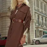 Trendyol Nastaviteľné detailné rukávy s hnedým opaskom, tkané bavlnené košeľové šaty