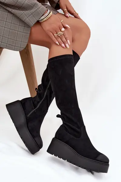 Dámské Kozáky Před Kolena Na Platformě A Klínu Černé Vinceza 58342