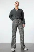 Trendyol Multicolored Leopard Patterned Brown High Waist Wide Leg Jeans