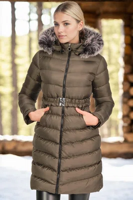 Z6690 DEWBERRY FUR HOODED LADIES' COAT-PLAIN KHAKI