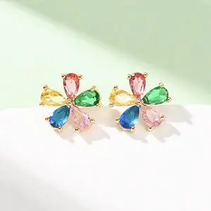 Brass Micro Pave Cubic Zirconia Stud Earrings for Women