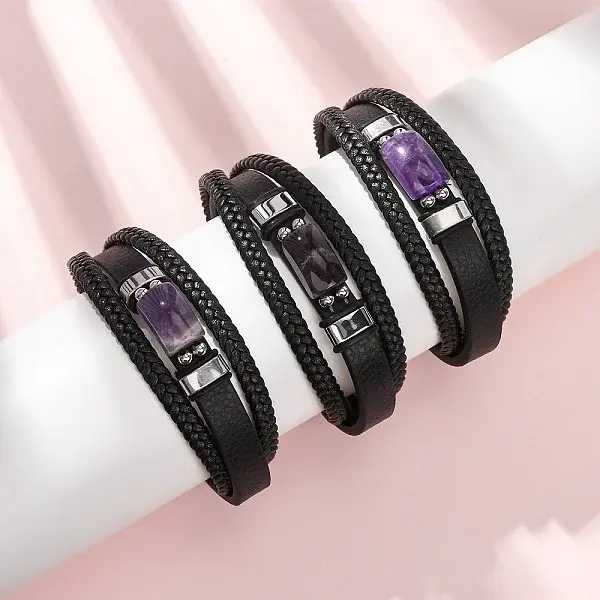 Natural Amethyst & Braided Microfiber Leather Multi-strand Bracelets for Women Men