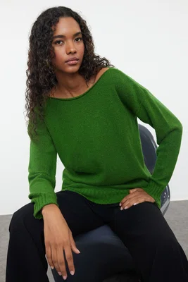 Trendyol Green Wool Boat Neck Basic Knitwear Sweater