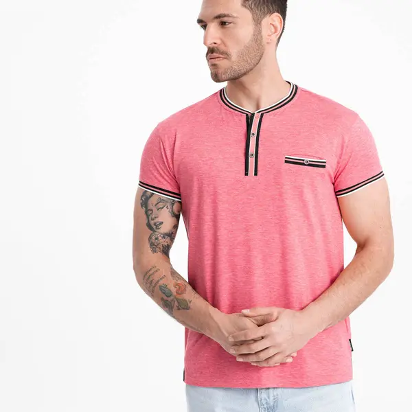 Ombre Men's henley t-shirt with decorative ribbing - red