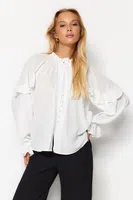 Trendyol Ecru Sleeves Flounced Stand Collar Oversize/Wide Fit Woven Shirt