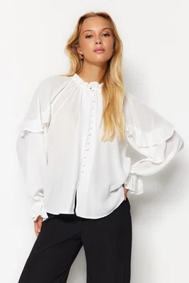 Trendyol Ecru Sleeves Flounced Stand Collar Oversize/Wide Fit Woven Shirt