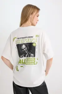 DEFACTO Cool Beetlejuice Oversize Wide Pattern Crew Neck Printed Short Sleeve T-Shirt