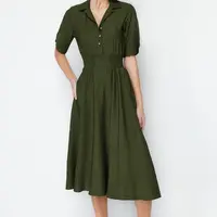 Trendyol Khaki A-line Shirt Collar Guiped Midi Woven Dress