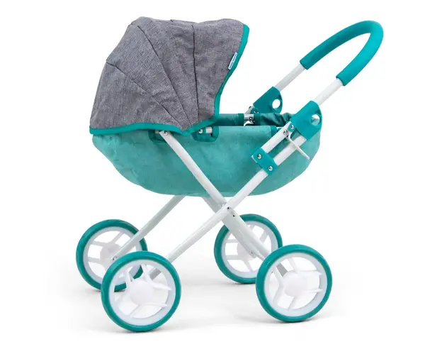 Kočík pre bábiku Dori – hlboký kočík pre bábiku - sivý, tyrkysový