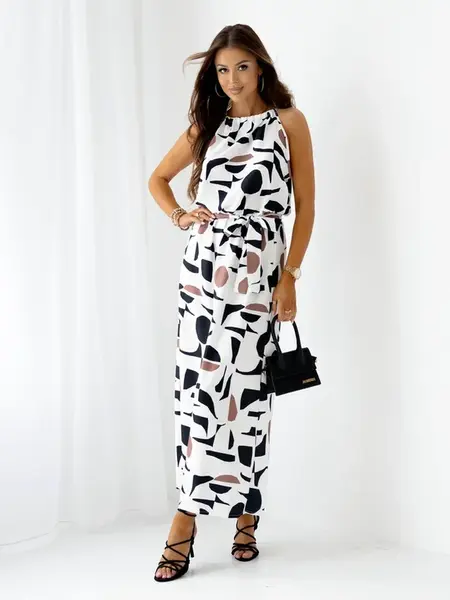 Resti Women's midi dress with straps, with a belt in a geometric pattern