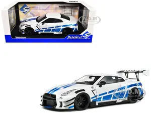 2024 Nissan GT-R (R35) RHD (Right Hand Drive) with Liberty Walk 2.0 Body Kit White Metallic with Blue Stripes "For Paul Tribute" 1/18 Diecast Model C