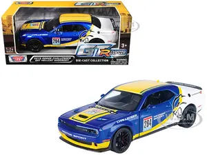 2018 Dodge Challenger SRT Hellcat Widebody 284 Blue Metallic and White with Yellow Graphics "GT Racing" Series 1/24 Diecast Model Car by Motormax