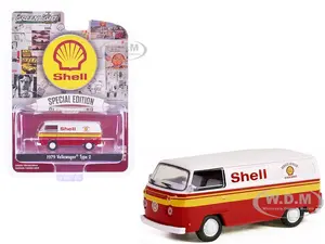 1979 Volkswagen Type 2 Panel Van White and Red with Yellow Stripes "Shell Oil" "Shell Oil Special Edition" Series 2 1/64 Diecast Model Car by Greenli