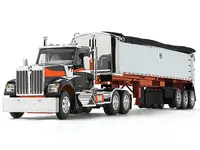 Kenworth W990 Day Cab and MAC Coal End Dump Trailer Black with Orange Graphics 1/64 Diecast Model by DCP/First Gear