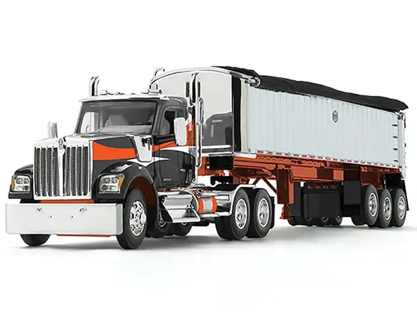 Kenworth W990 Day Cab and MAC Coal End Dump Trailer Black with Orange Graphics 1/64 Diecast Model by DCP/First Gear