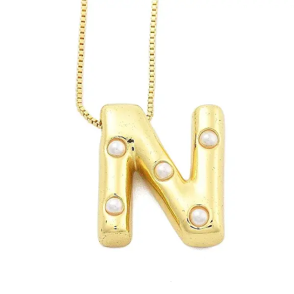 Brass & Plastic Pearl Letter Pendant Box Chain Necklaces for Women