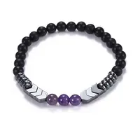 Natural Black Agate(Dyed) & Amethyst Beads Stretch Bracelets
