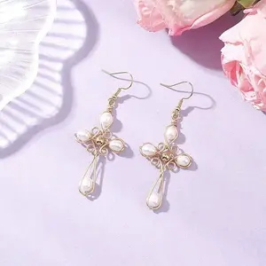 Natural Cultured Freshwater Pearl Cross Dangle Earrings