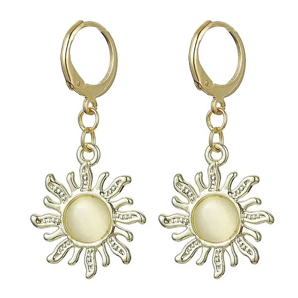 Golden Alloy Sun Shape Dangle Leverback Earrings with Cat Eye