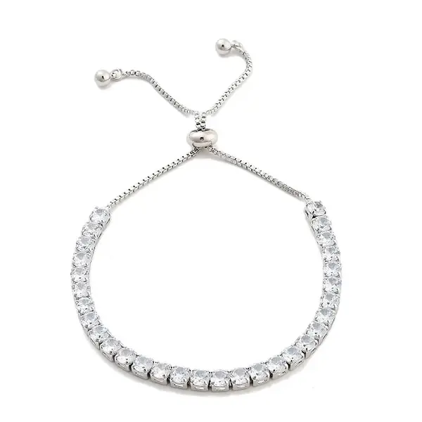 Brass Pave Clear Cubic Zirconia Flat Round Box Chain Slider Bracelets