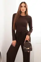 Kesi Włoski Dámský viskózový komplet s blůzou a širokými kalhotami hnědý
