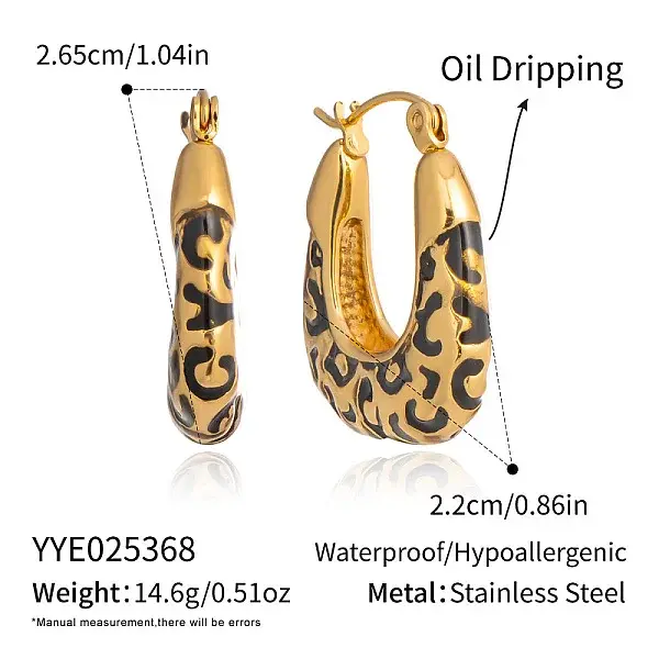304 Stainless Steel Enamel Leopard Print Oval Hoop Earrings