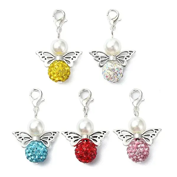 5Pcs 5 Colors Polymer Clay & Glass Pearl & Alloy Angel Pendant Decoration