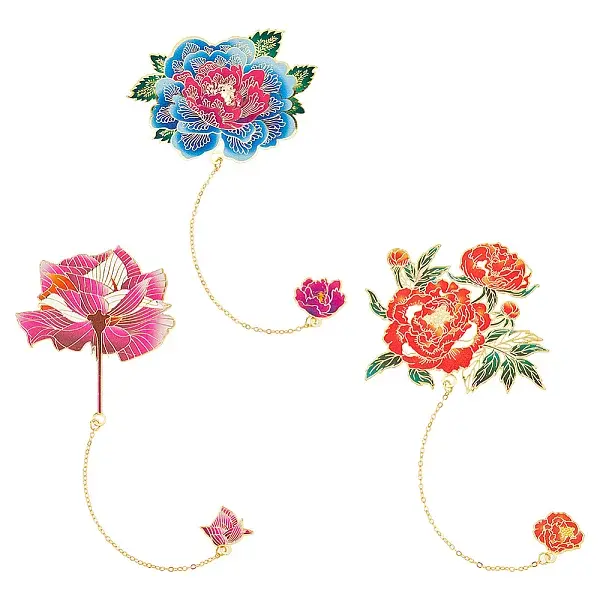 3Pcs 3 Styles Peony Flower Enamel Bookmarks