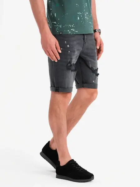 Ombre Men's short denim shorts with rubbing and rolled up leg - gray