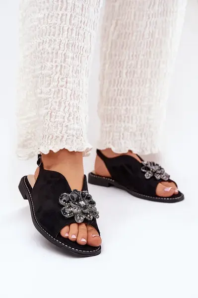 S. BARSKI Dámské Sandály Na Plochém Podpatku S Ozdobou S.Barski KV27-001 Černé