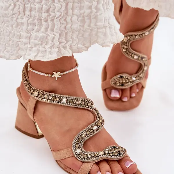 Dámské Sandály Na Podpatku S Krystaly Béžové Artiker