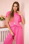 Kesi Włoski Viskózový komplet plisovaná halenka + kalhoty růžový
