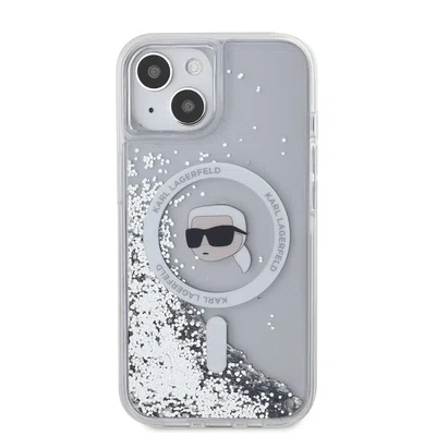 Zadní kryt Karl Lagerfeld Liquid Glitter Karl Head Magsafe pro Apple iPhone 15, transparentní