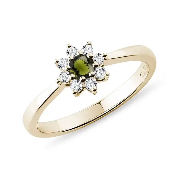 Halo prsten s vltavínem a diamanty ve žlutém zlatě KLENOTA