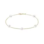 Zlatý řetízkový náramek s 5 bílými perlami KLENOTA