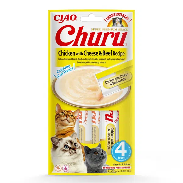 Inaba Cat Ciao Churu krémové krmivo pre mačky - kuracie, syr, hovädzie 4 x 14 g
