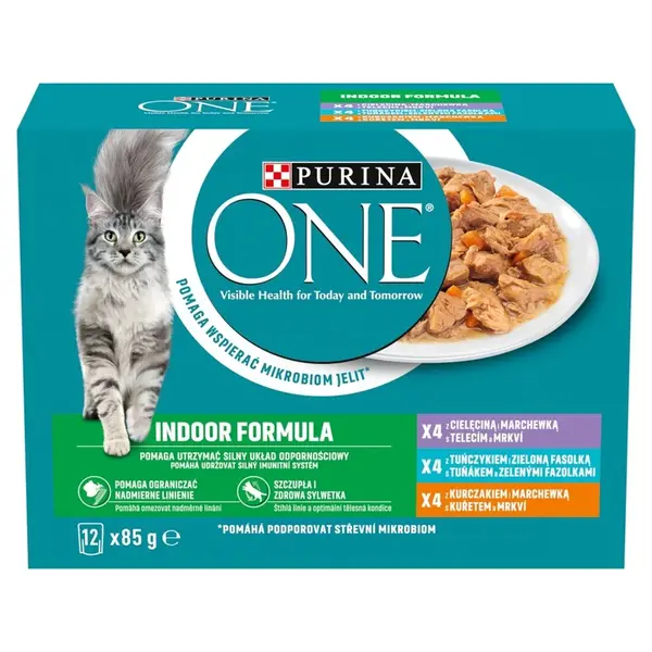 Purina ONE Indoor výber vlhkého krmiva pre mačky - teľacie, tuniakové, kuracie 12 x 85 g