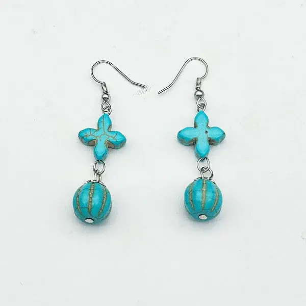Cross & Round Ball Synthetic Turquoise & Alloy Dangle Earrings