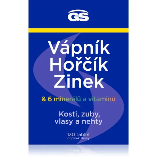 GS Vápník, Hořčík, Zinek tablety pro podporu imunitního systému, krásné vlasy, nehty, pleť a normální stav zubů 130 tbl