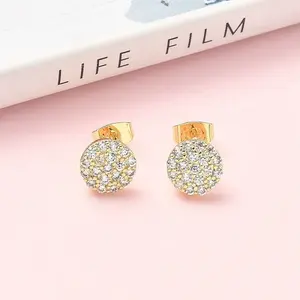 Round Brass Micro Pave Clear Cubic Zirconia Stud Earrings