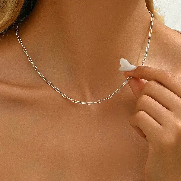 Simple Brass Paperclip Chain Lock Collarbone Necklaces for Women Daily Wear