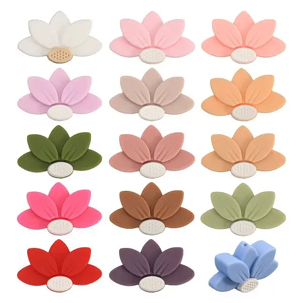 15Pcs 15 Colors Lotus Food Grade Eco-Friendly Silicone Focal Beads