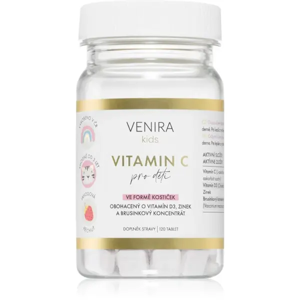 Venira Kids Vitamin C cucavé tablety pro podporu imunity, snížení míry únavy a vyčerpání příchuť Strawberry 120 tbl