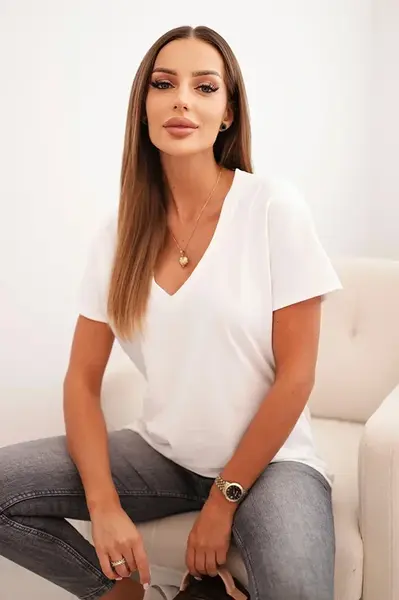 Polski Dámska bavlnená blúzka s výstrihom do V a krátkym rukávom ecru