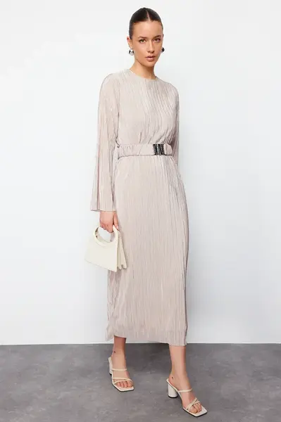 Trendyol Gold Belted Pleated Knitted Dress