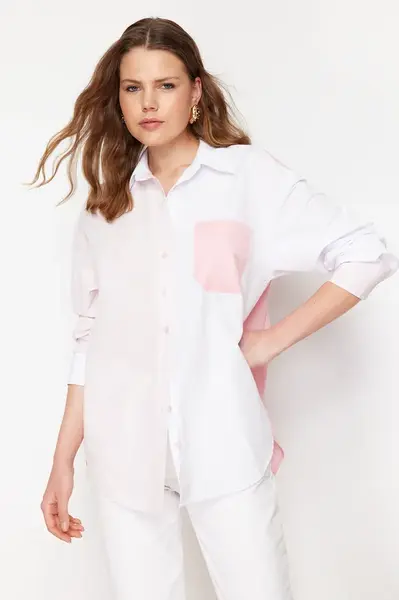 Trendyol Pink Color Block Oversize Wide Fit Woven Shirt