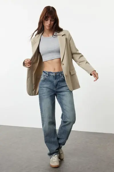 Trendyol Blue More Sustainable Faded Effect Vintage Regular Waist Straight Jeans